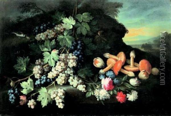 Natura Morta Di Fiori, Frutta E Funghi In Un Paesaggio Oil Painting - Marco Antonio Rizzi