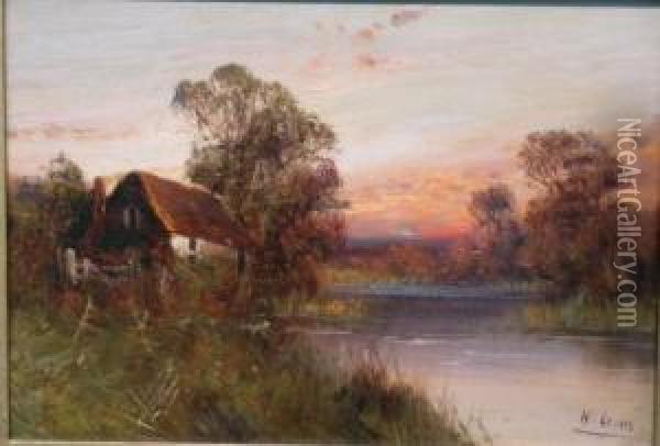 Cottage By A River: Two Oil Painting - Lewis William Wyatt
