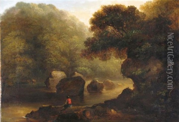 Wooded River Landscape With Traveler Resting Oil Painting - James Arthur O'Connor