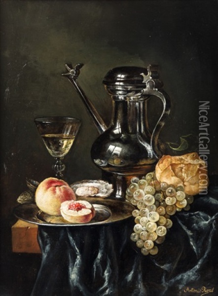 Still Life With Wine And A Peach Oil Painting - Antonio Rivas