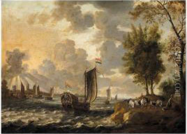 Coastal Landscape With Shipping Oil Painting - Bonaventura Ii Peeters