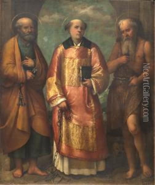 I Santi Pietro,leonardo E Gerolamo Oil Painting - Girolamo Romanino