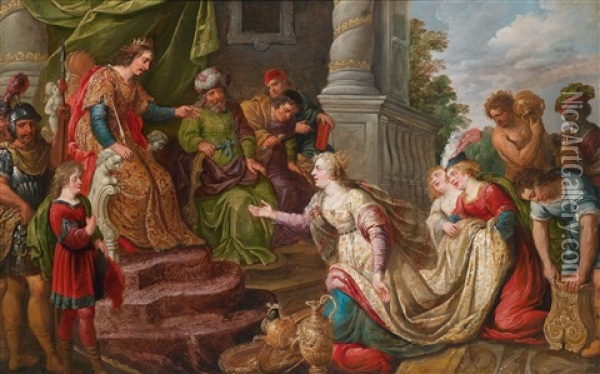 Die Konigin Von Saba Vor Konig Salomo Oil Painting - Gaspar van den Hoecke