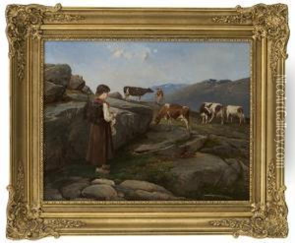 Knitting Milkmaid With Cows On Summerpasture Oil Painting - Axel Ender