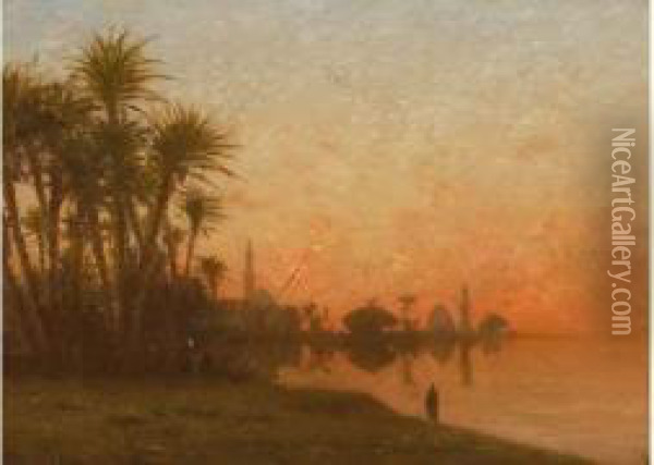Crepuscule Sur Les Bords Du Nil . Oil Painting - Narcisse Berchere