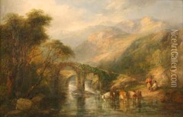 Mountainous Landscape With Cattle Watering By Figures Resting Near Bridges Oil Painting - Frederick Henry Henshaw