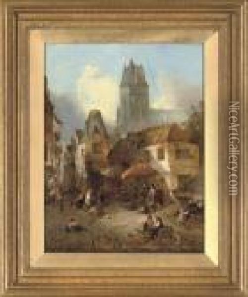 A Bustling Market Town Oil Painting - Alfred Montague