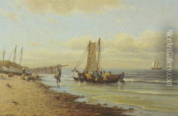Fiskere Ved Stranden, Raageleje Oil Painting - Johan Jens Neumann