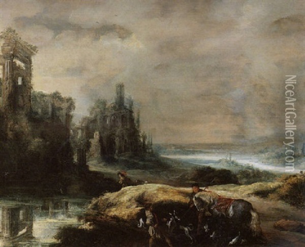 A Panoramic Landscape With Architectural Ruins, Huntsmen And A Horse By A Watering-hole Oil Painting - Jan Tilens