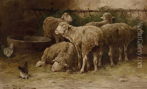 Schafe Und Huhner Im Stall Oil Painting - Jules Bahieu