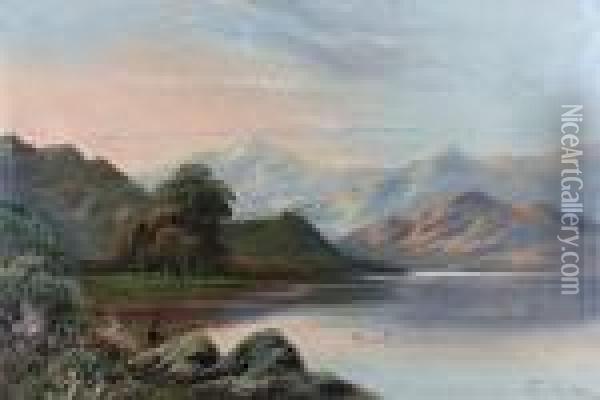 A Highland Loch Landscape With Angler Oil Painting - Charles Leslie