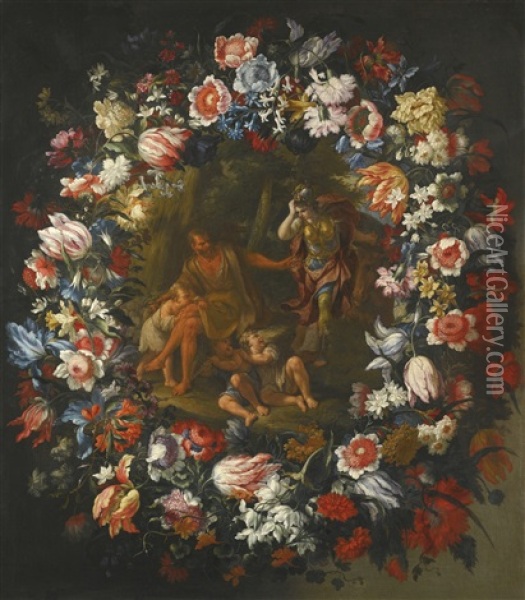 A Garland Of Flowers Surrounding A Scene Depicting Erminia And The Shepherd Oil Painting - Mario Nuzzi