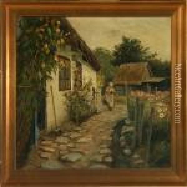 Cottage With Woman Andpeony Oil Painting - Olaf Viggo Peter Langer