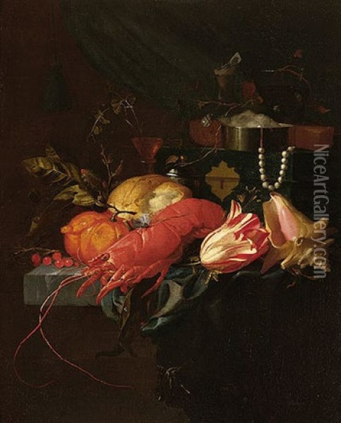 A Still Life Of A Lobster, A Conch Shell, A Tulip, Orange, Redcurrants, Bread And Other Objects Upon A Partly Draped Stone Ledge Oil Painting - Elias van den Broeck