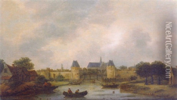 A View Of Haarlem From The North East With The Sint Catrijnenbrug Over The Spaarne With Churches Beyond Oil Painting - Nicolaes Molenaer