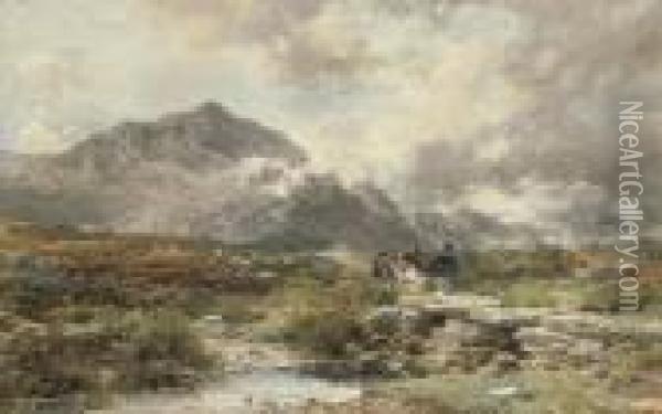 Figures Crossing A Bridge On A Windswept Moor Oil Painting - John Syer
