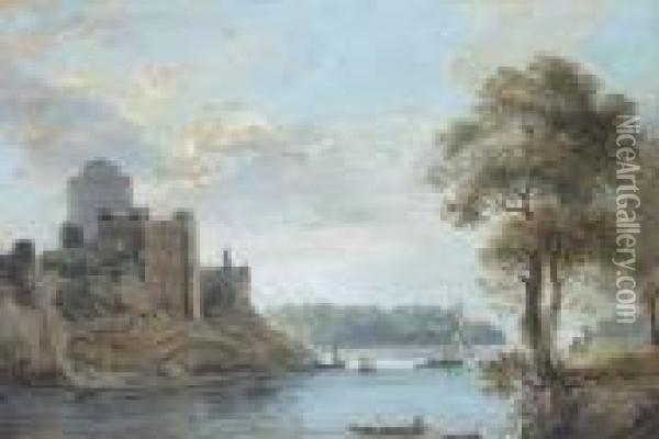 A Lazy Day On The Estuary Below A Ruined Castle Oil Painting - Paul Sandby