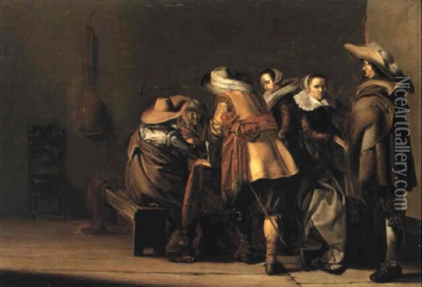 Interior With Militiamen Playing Tric-trac With Two Elegant Women Oil Painting - Pieter Jacobs Codde