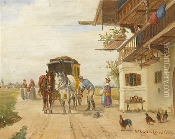 Kutsche Vor Einem Bauernhaus Oil Painting - Ludwig Mueller-Cornelius