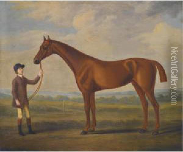 A Chestnut Racehorse Held By A Stable Boy In A Landscape Oil Painting - J. Francis Sartorius