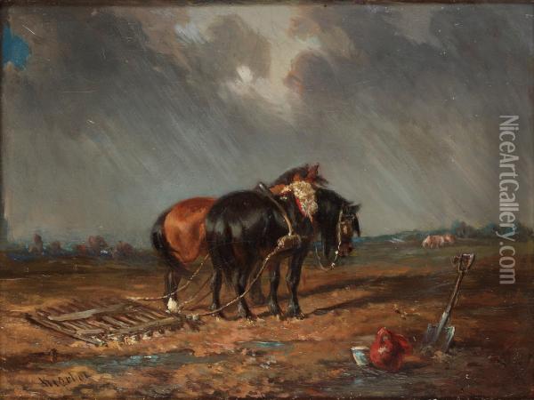 Horses On The Field Oil Painting - Carl Fredrik Kioerboe