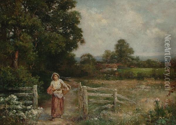 A Girl With A Basket On A Country Lane Oil Painting - Henry John Yeend King