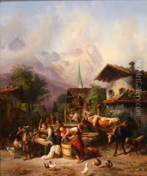 Figures At Work In An Alpine Village Oil Painting - Joseph Heinrich L. Marr