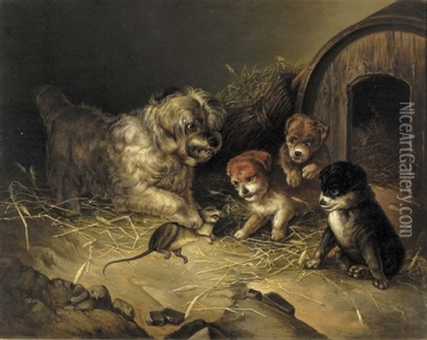 Genreszene Mit Hund Und Drei Welpen Oil Painting - Aleksander Stankiewicz