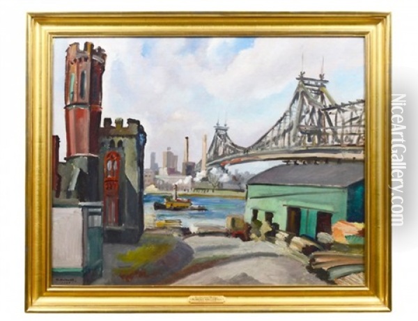 Queensboro Bridge, Lee's Lumberyard, N.y. Oil Painting - Robert Hallowell