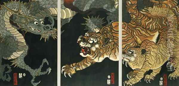 A dragon and two tigers Oil Painting - Utagawa Sadahide