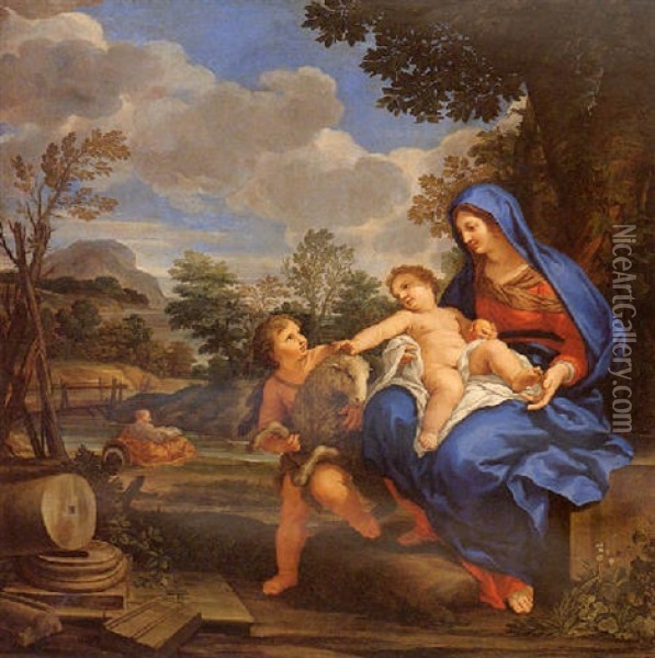 The Madonna And Child With The Infant Saint John The Baptist, Saint Joseph Reading By A River Beyond Oil Painting - Ciro Ferri