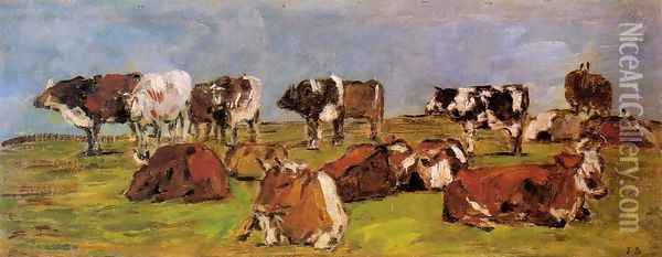 Cows in a Field Oil Painting - Eugene Boudin