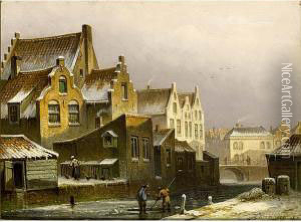 A View Of A Dutch Town In Winter Oil Painting - Eduard Alexander Hilverdink