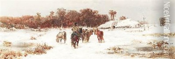 Hirte Mit Pferden In Winterlicher Landschaft Oil Painting - Adolf Schreyer