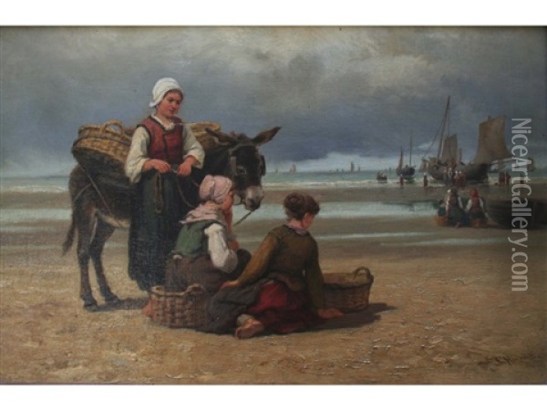 Fisherfolk On A Beach Oil Painting - Edith Hume