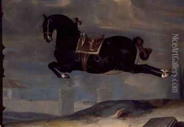 The black horse Curioso performing a Capriole Oil Painting - Johann Georg Hamilton