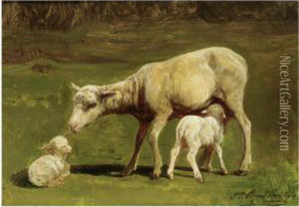A Ewe And Two Lambs Oil Painting - Juliette Peyrol Bonheur