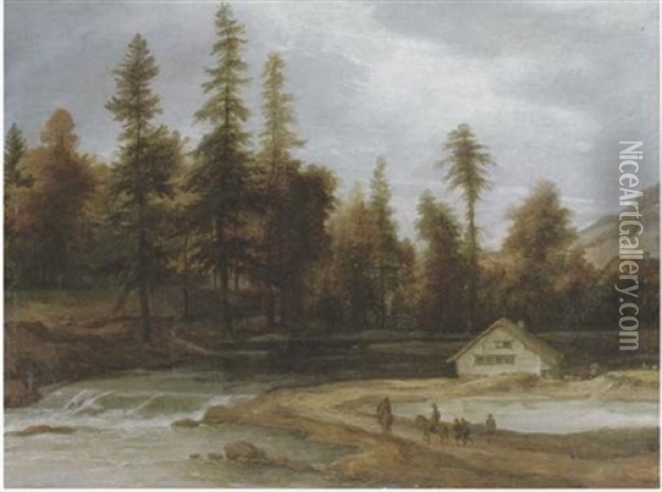A Nordic River Landscape With Travellers On A Track Near A Waterfall, A Cottage Beyond Oil Painting - Allaert van Everdingen