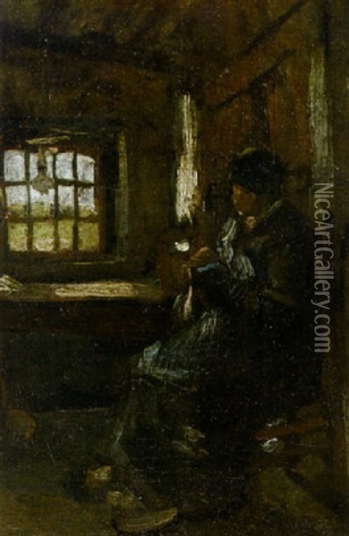 Interior With Peasant Woman Sewing Oil Painting - Vincent Van Gogh