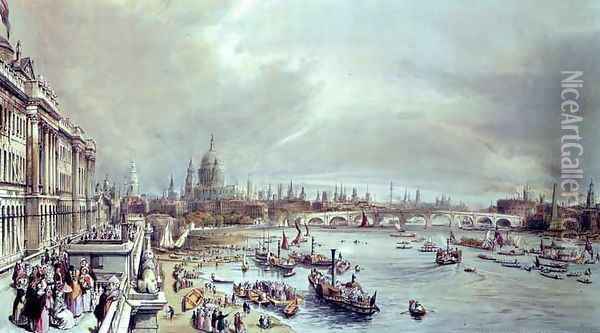 Somerset House, St. Pauls and Blackfriars Bridge from Waterloo Bridge Oil Painting - William Parrott