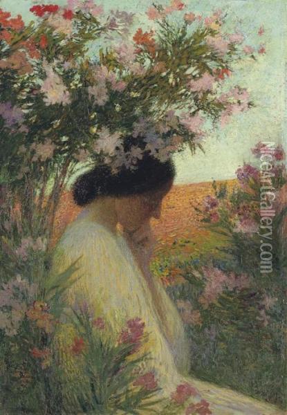 La Pensee, Femme En Meditation Dans Un Bosquet De Laurierrose Oil Painting - Henri Martin