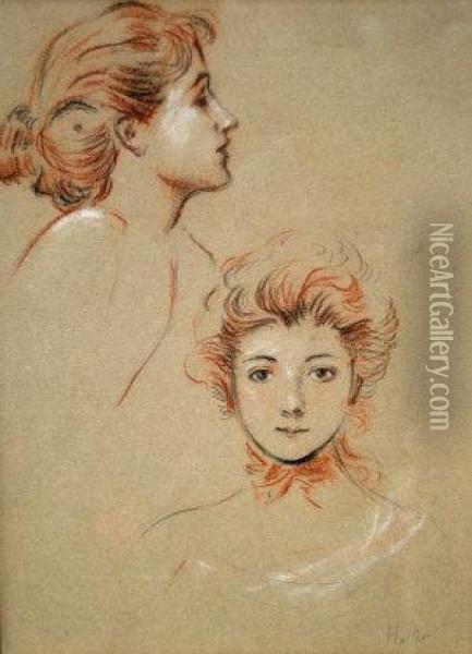 French -- Portrait Studies Of A 
Woman; Black Red And White Chalk On Buff Paper, Bears Signature, 
19.5x14cm Oil Painting - Paul Cesar Helleu