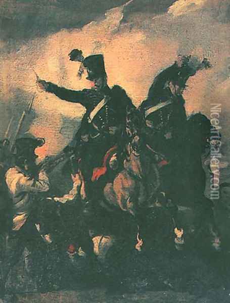 Battle betwen Polish hussars and Austrian infantry Oil Painting - Piotr Michalowski