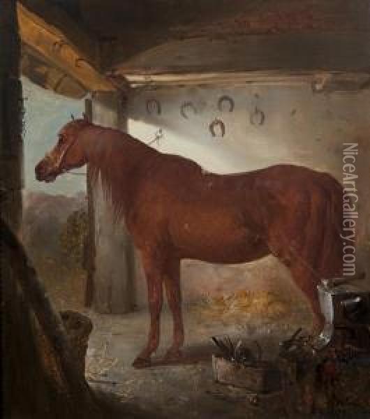 A Chestnut Horse In A Forge Interior Oil Painting - Edward Robert Smythe