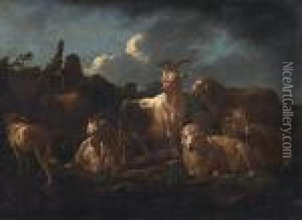Sheep In The Dusk Landscape Oil Painting - Philipp Peter Roos