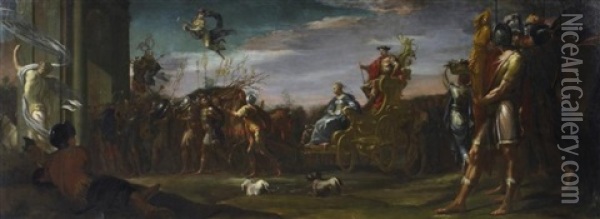 Der Triumph Des Aurelius, Der Die Gefangene Konigin Von Palmyra Nach Rom Bringt Oil Painting - Johann Heinrich Schoenfeldt