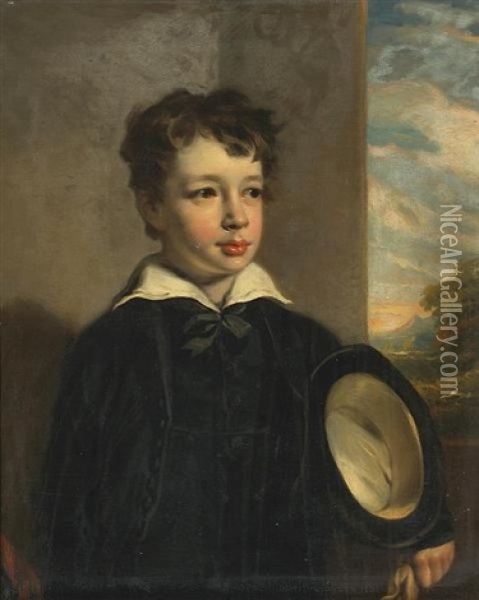 A Portrait Of A Young Boy, With A Hat Under His Arm And With A Mountainous Landscape Beyond Oil Painting - John Watson Gordon