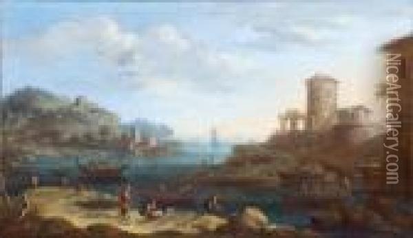 Paesaggio Costiero Con Torre, Pescatori E Barche Oil Painting - Nicola Viso