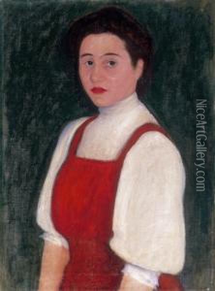 Red - Dressed Girl In Front Of Green Background Oil Painting - Dezso Czigany