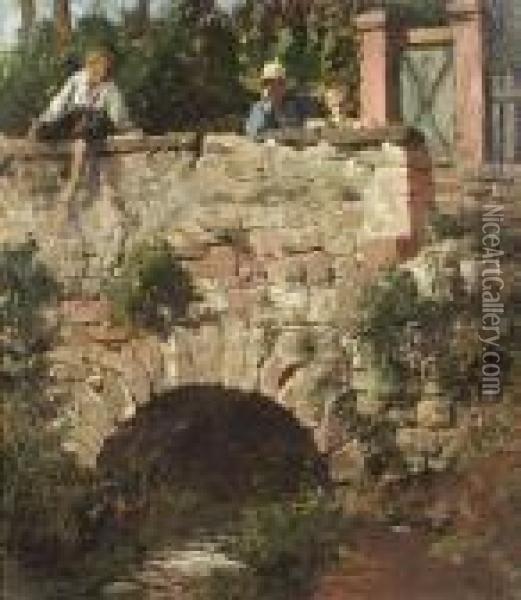 Three Children At A Stone Bridge. Oil/canvas/cardboard, Signed And Inscribed 